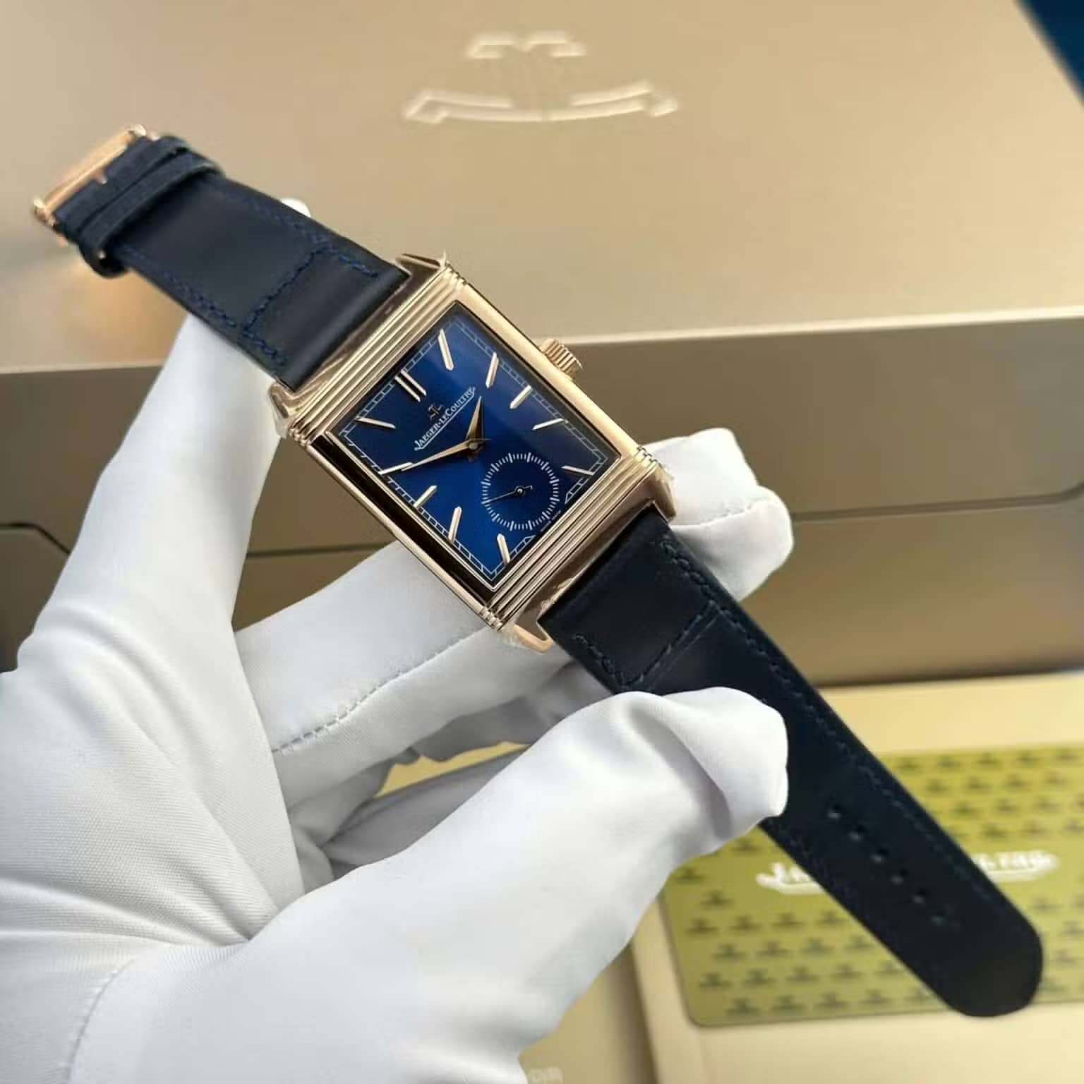 Jaeger LeCoultre Reverso Tribute Monoface Small Seconds Rose Gold Blue Dial Best Replica MGF 45.6×27.4mm