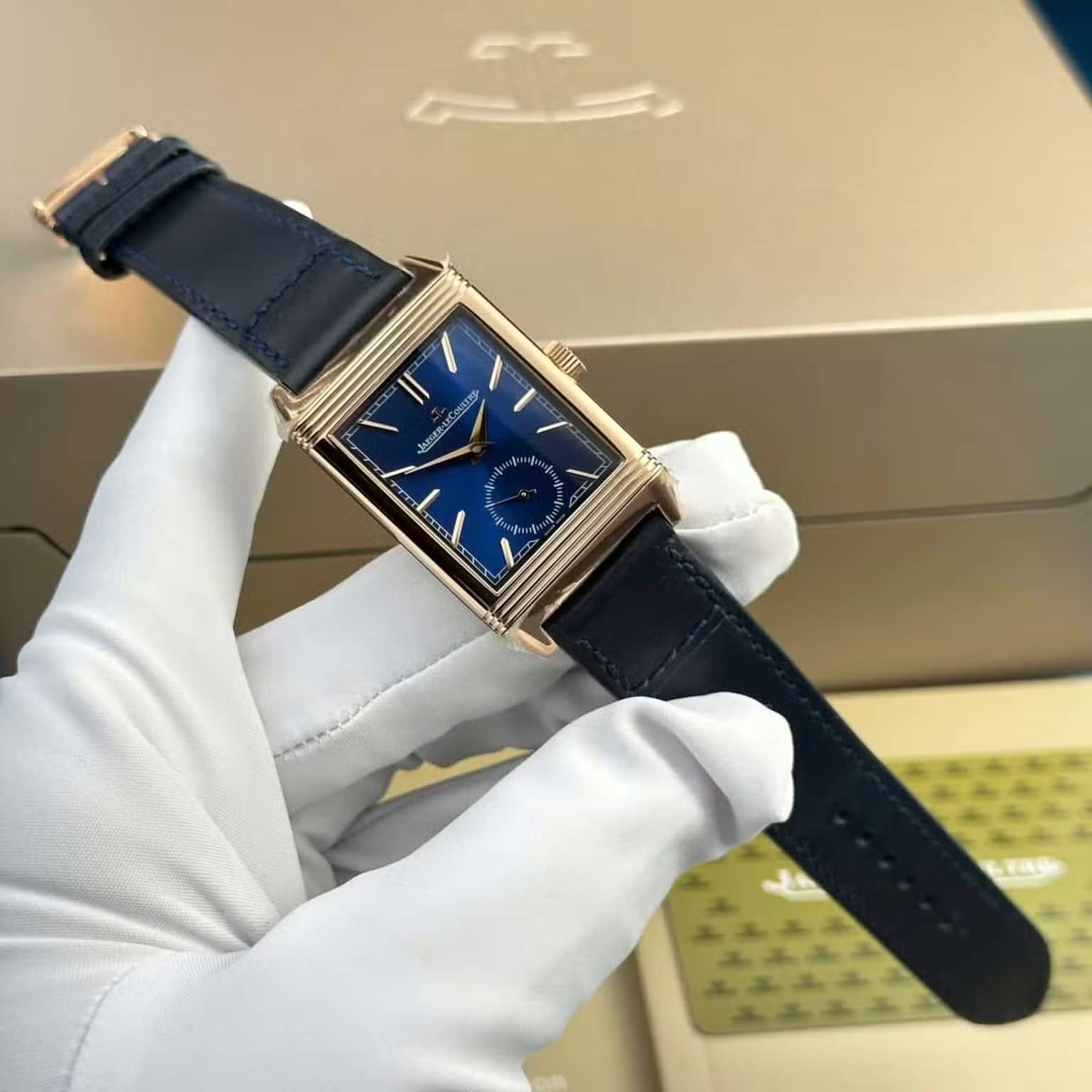 Jaeger LeCoultre Reverso Tribute Monoface Small Seconds Rose Gold Blue Dial Best Replica MGF 45.6×27.4mm