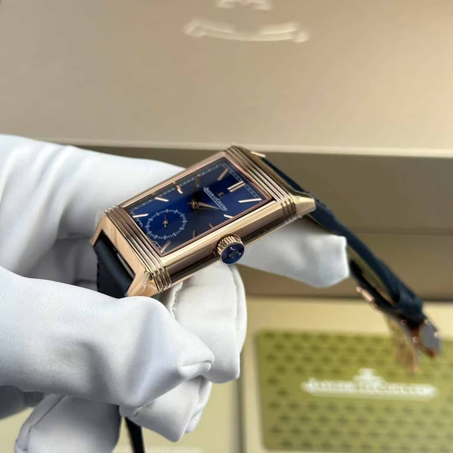 Jaeger LeCoultre Reverso Tribute Monoface Small Seconds Rose Gold Blue Dial Best Replica MGF 45.6×27.4mm