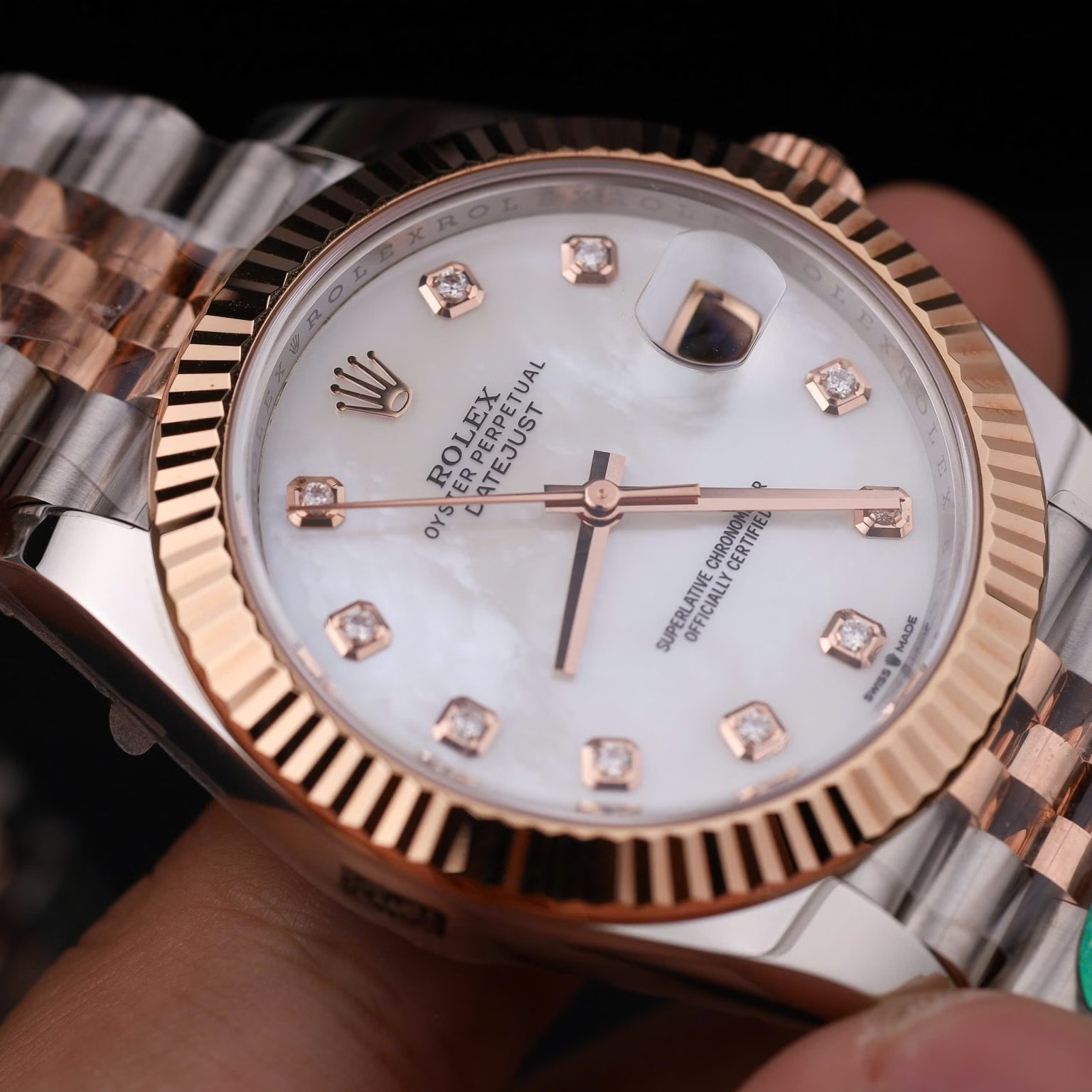Rolex Datejust 126331-0014 Steel & Rose Gold Custom Natural MOP Dial Moissanite Markers Jubilee Bracelet 11 Best Replica 41mm
