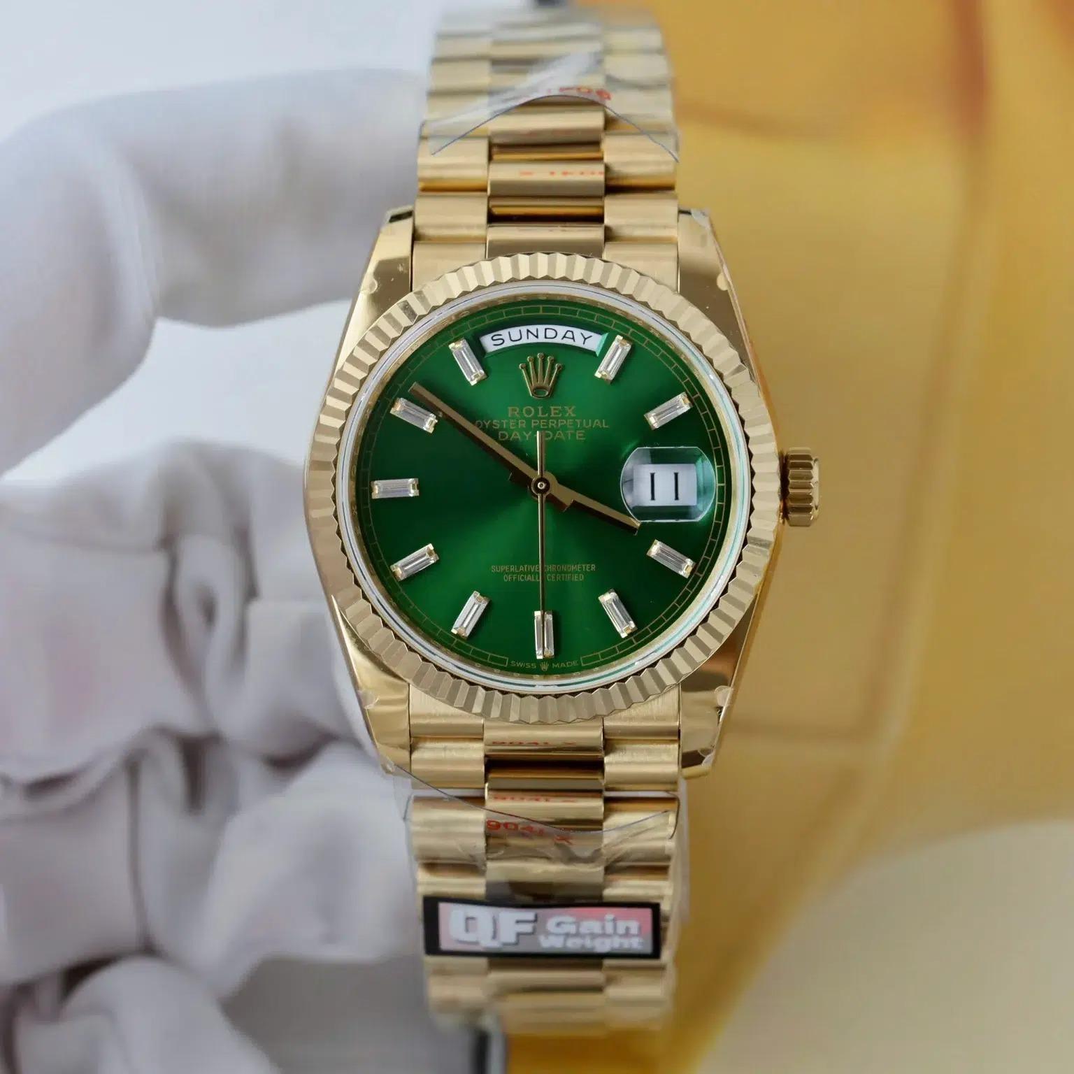 Rolex Day-Date 128238-0130 Yellow Gold Bright Green Diamond-set Dial Super Clone QF 36mm