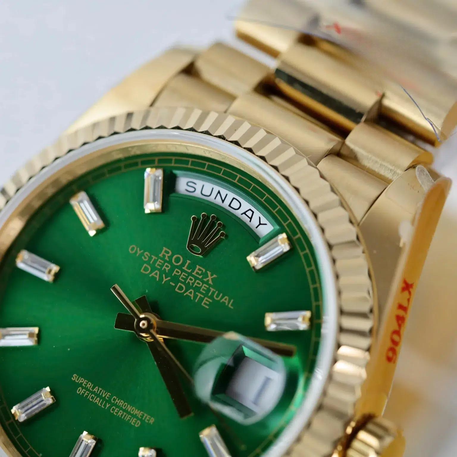 Rolex Day-Date 128238-0130 Yellow Gold Bright Green Diamond-set Dial Super Clone QF 36mm