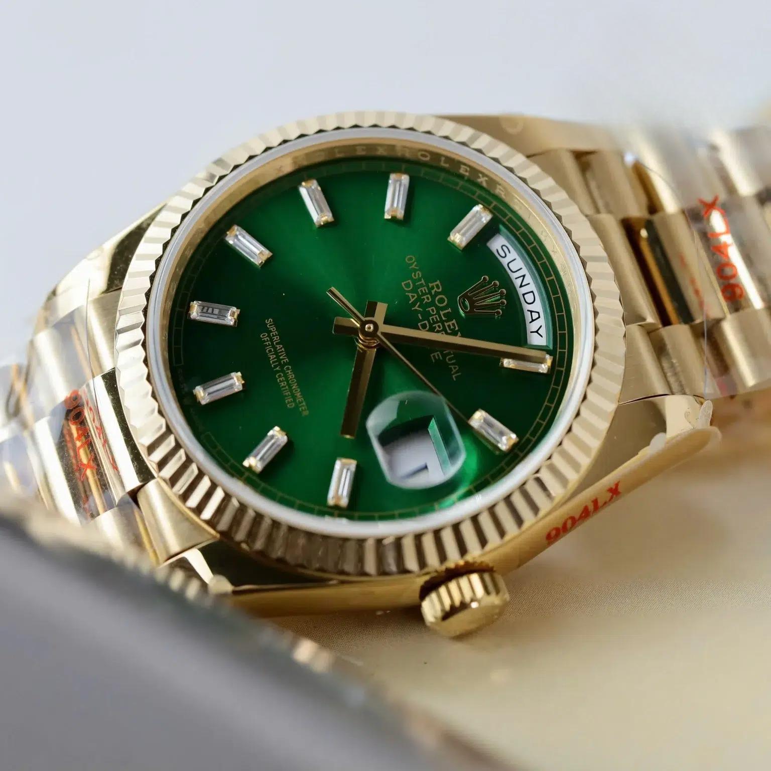 Rolex Day-Date 128238-0130 Yellow Gold Bright Green Diamond-set Dial Super Clone QF 36mm