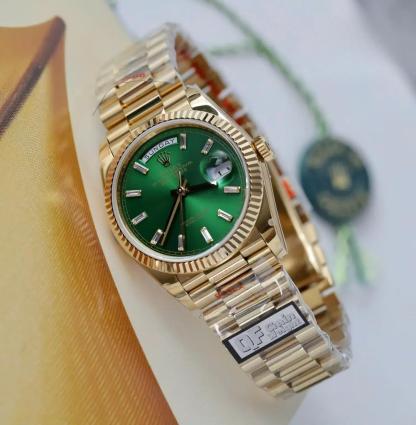 Rolex Day-Date 128238-0130 Yellow Gold Bright Green Diamond-set Dial Super Clone QF 36mm