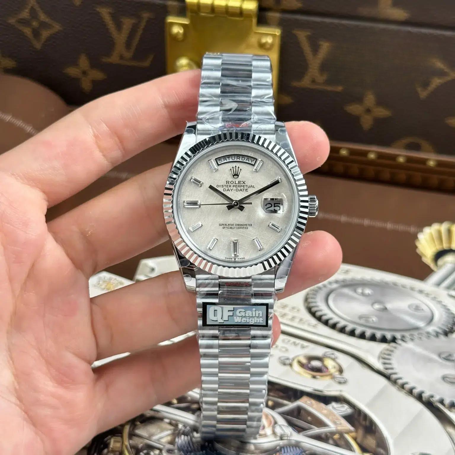 Rolex Day-Date 228239 White Gold Meteorite Baguette Dial Best Replica QF 40mm