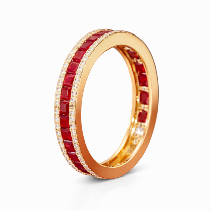 18k gold ring set with a 0.30-carat natural diamond and a 1.10-carat natural ruby. The ring features a bezelless setting design with straight lines.