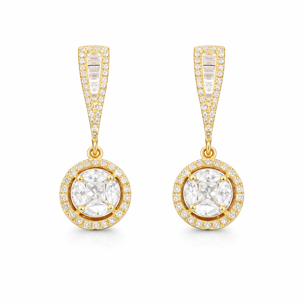 18k earrings set with a 0.60ct natural diamond; featuring a combination of marquise and princess cut diamonds.
