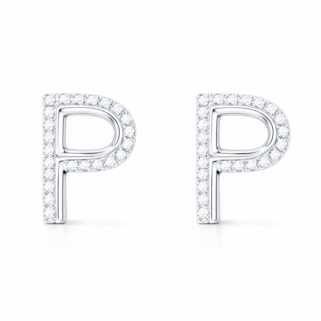 18k gold earring stud with the letter “P” and a 0.10ct natural diamond inlaid.