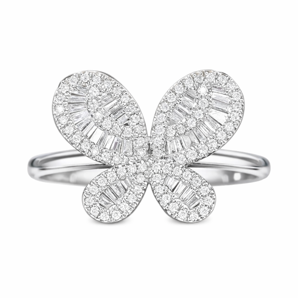 18k gold ring set with a natural diamond; the diamond features a Tapered Baguette cut and weighs 0.40 carats.