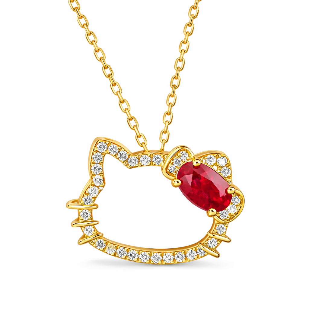 Hello Kitty 18k gold necklace gourd shape four claws inlaid with oval ruby 0.55ct accessory stone 0.18ct.