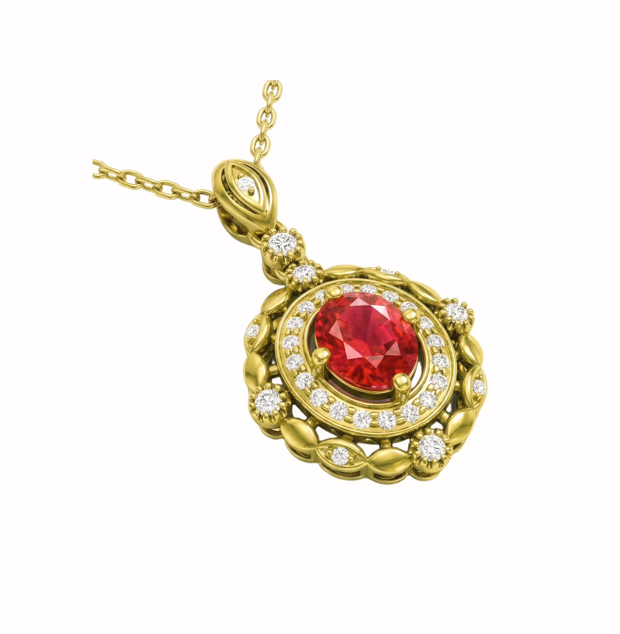 18k gold necklace set with an oval ruby of 0.45 carats, as well as additional stones of 0.15 carats each.