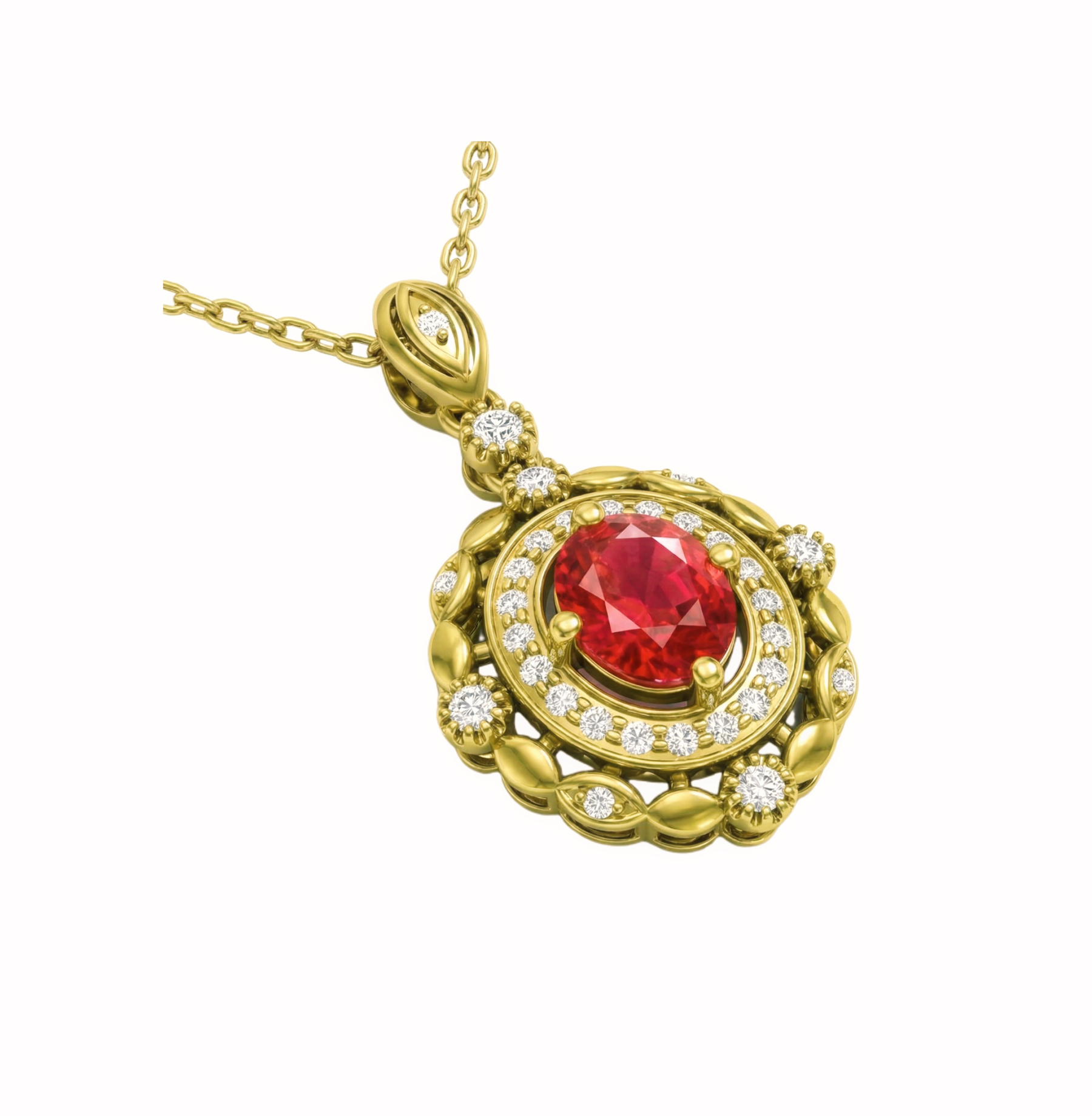 18K gold necklace with design; the necklace is adorned with a 0.40-carat natural ruby and a 0.45-carat natural diamond, both set using the four-prong setting technique; the ruby has an oval shape.