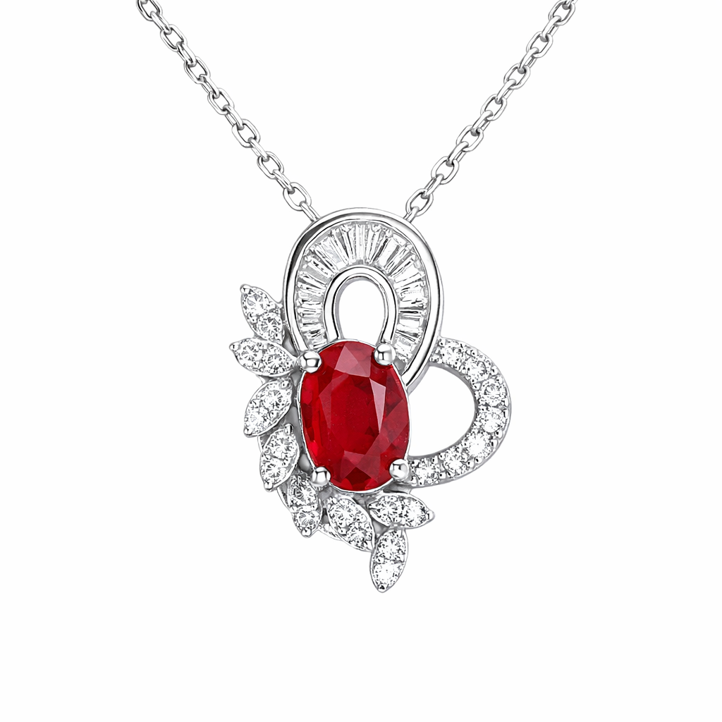 18K gold necklace with design; the necklace is adorned with a 0.40-carat natural ruby and a 0.45-carat natural diamond, both set using the four-prong setting technique; the ruby has an oval shape.