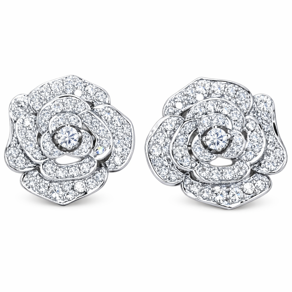 18k gold stud earrings set with 1.00ct diamond prong flowers roses