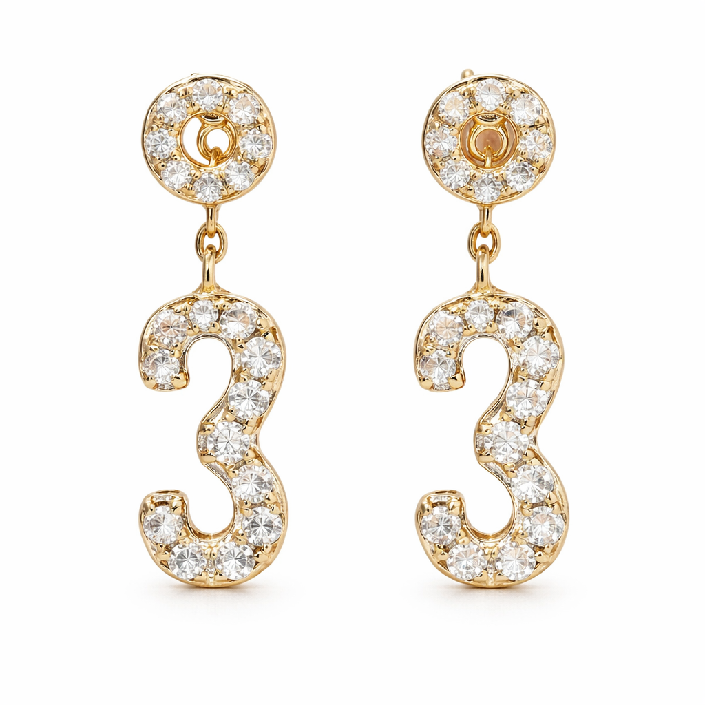 18k gold earring stud set with a 0.32ct natural diamond and the number “3” embossed on it.