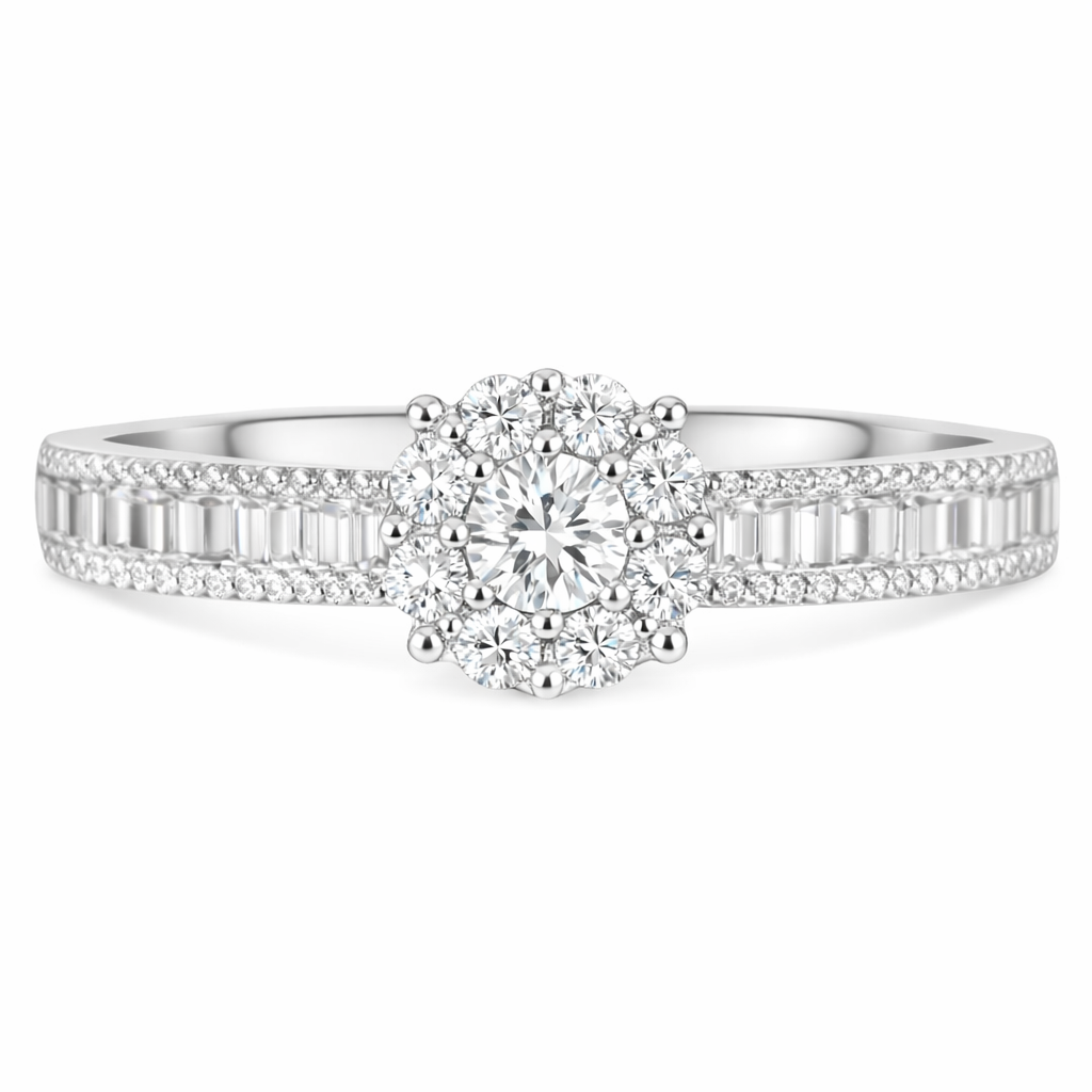 18k gold ring set with a natural diamond; the diamond features a Tapered Baguette cut and weighs 0.40carats.