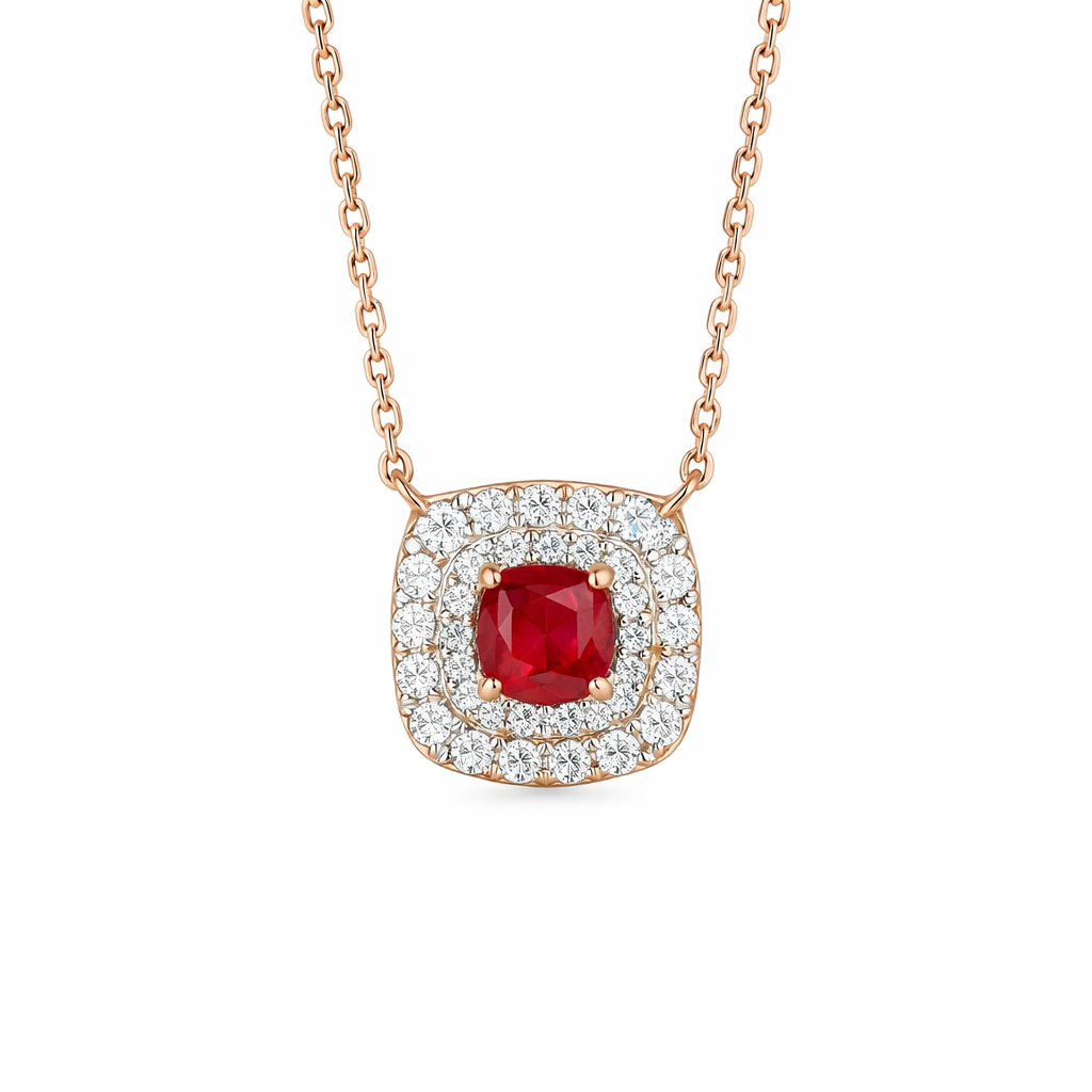 18K gold necklace with design; the necklace is adorned with a 0.40-carat natural ruby and a 0.45-carat natural diamond, both set using the four-prong setting technique; the ruby has an oval shape.