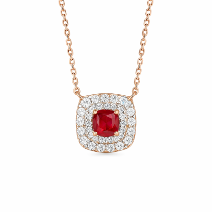 This 18K gold necklace is adorned with a 0.22-carat natural ruby, as well as tiny natural diamonds totaling 0.18 carats; the ruby in question has an oval shape.