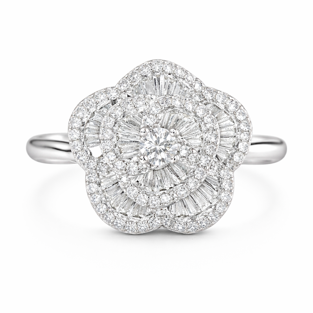 18k gold ring set with a natural diamond; the diamond features a Tapered Baguette cut and weighs 0.50carats.