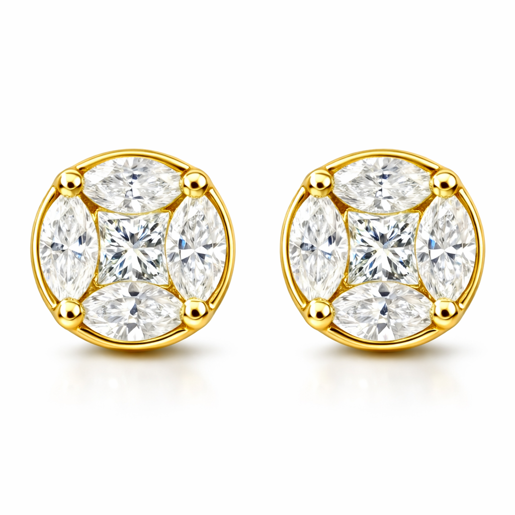 18k gold diamond earrings, featuring a natural diamond of 1.20 carats in a marquise cut.Princess Cut