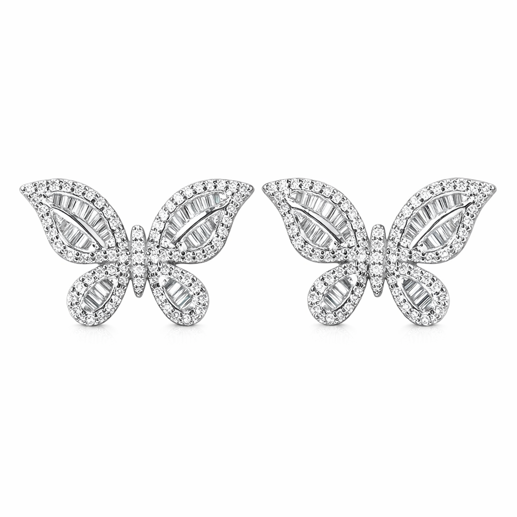 18-karat gold earrings in the shape of a butterfly, featuring a natural diamond of 0.80 carats set in a tapered baguette cut within a channel setting.