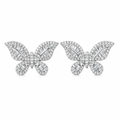 18-karat gold earrings in the shape of a butterfly, featuring a natural diamond of 0.80 carats set in a tapered baguette cut within a channel setting.