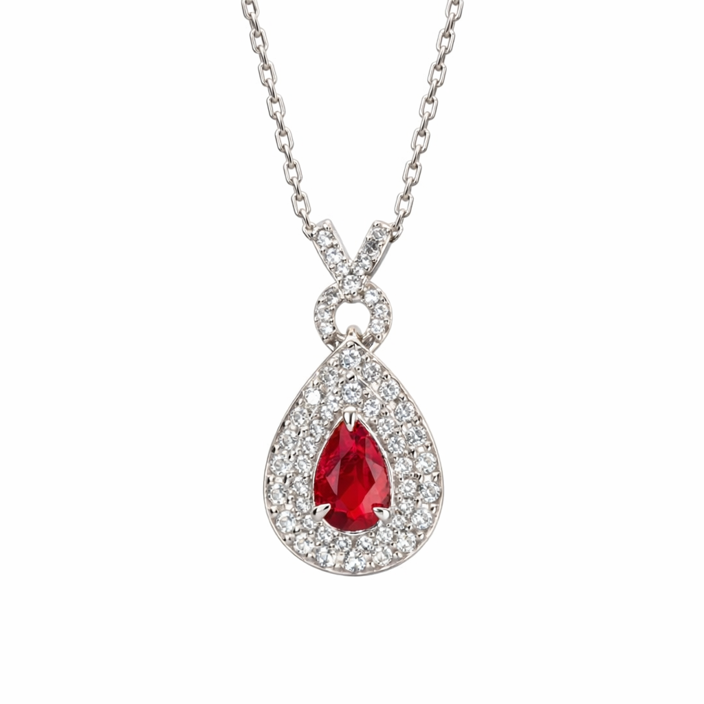 18K gold necklace with design; the necklace is adorned with a 0.40-carat natural ruby and a 0.45-carat natural diamond, both set using the four-prong setting technique; the ruby has an oval shape.