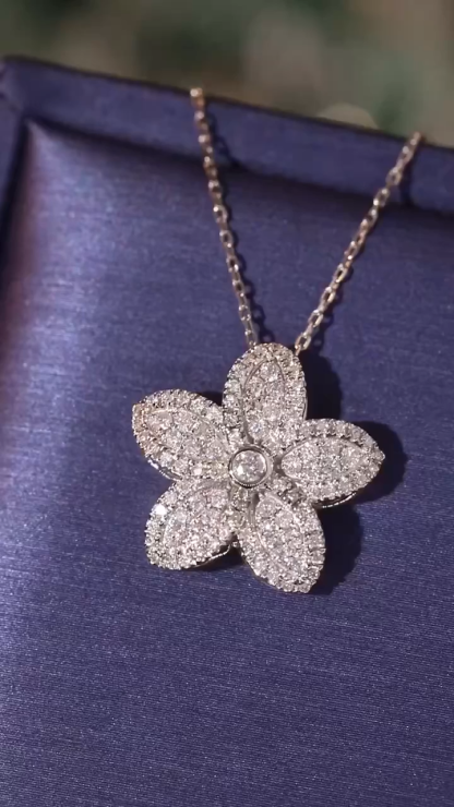 18k Gold Necklace with Flower Design, Natural Diamond 0.55ct