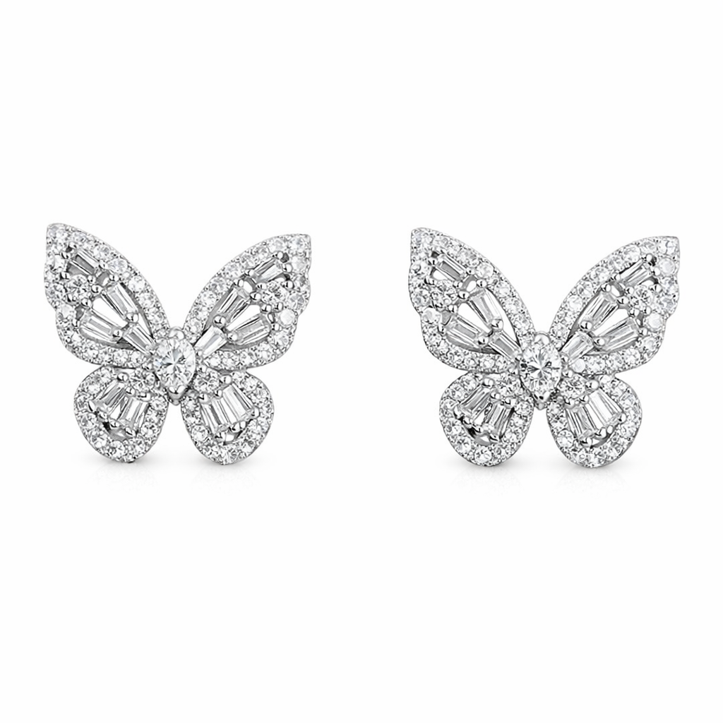 18-karat gold earrings in the shape of a butterfly, featuring a natural diamond of 0.64 carats set in a tapered baguette cut within a channel setting.