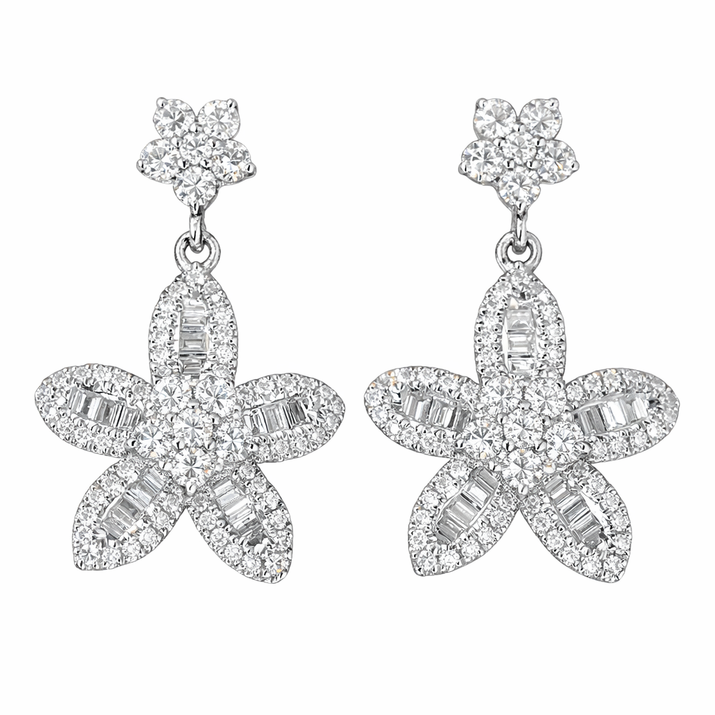 18k gold earrings in flowers shape, set with a natural diamond of 0.80 carats. Tapered Baguette Cut