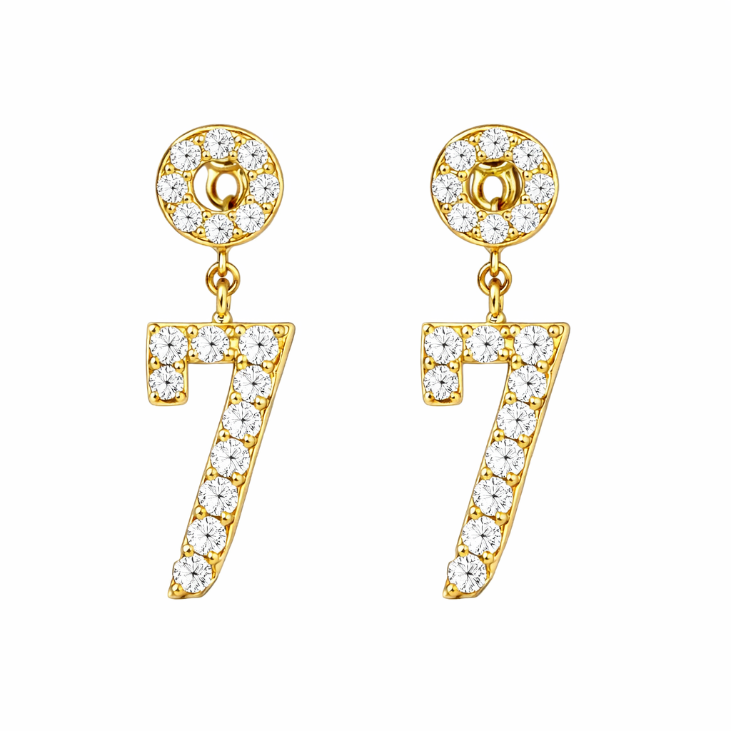 18k gold earring stud set with 0.30ct natural diamond and the number “7” embossed on it.