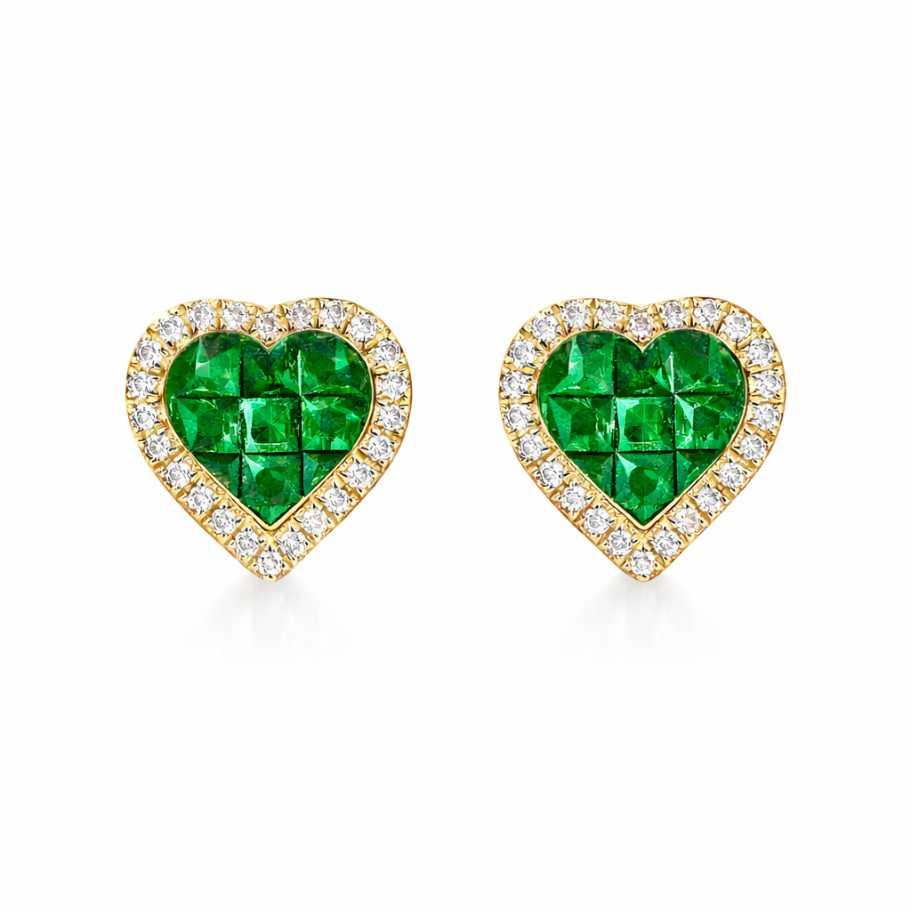18k gold heart-shaped earrings featuring a high-quality borderless setting: 0.50 ct of natural emeralds and 0.10 ct of natural diamonds.Mystery Setting