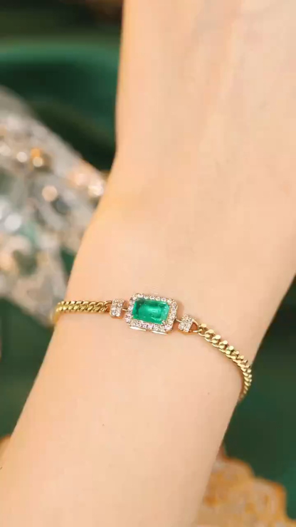 18k Gold Bracelet, Cuban Chain Bracelet, Emerald Bracelet with 0.84ct Emerald and 0.24ct Natural Diamond