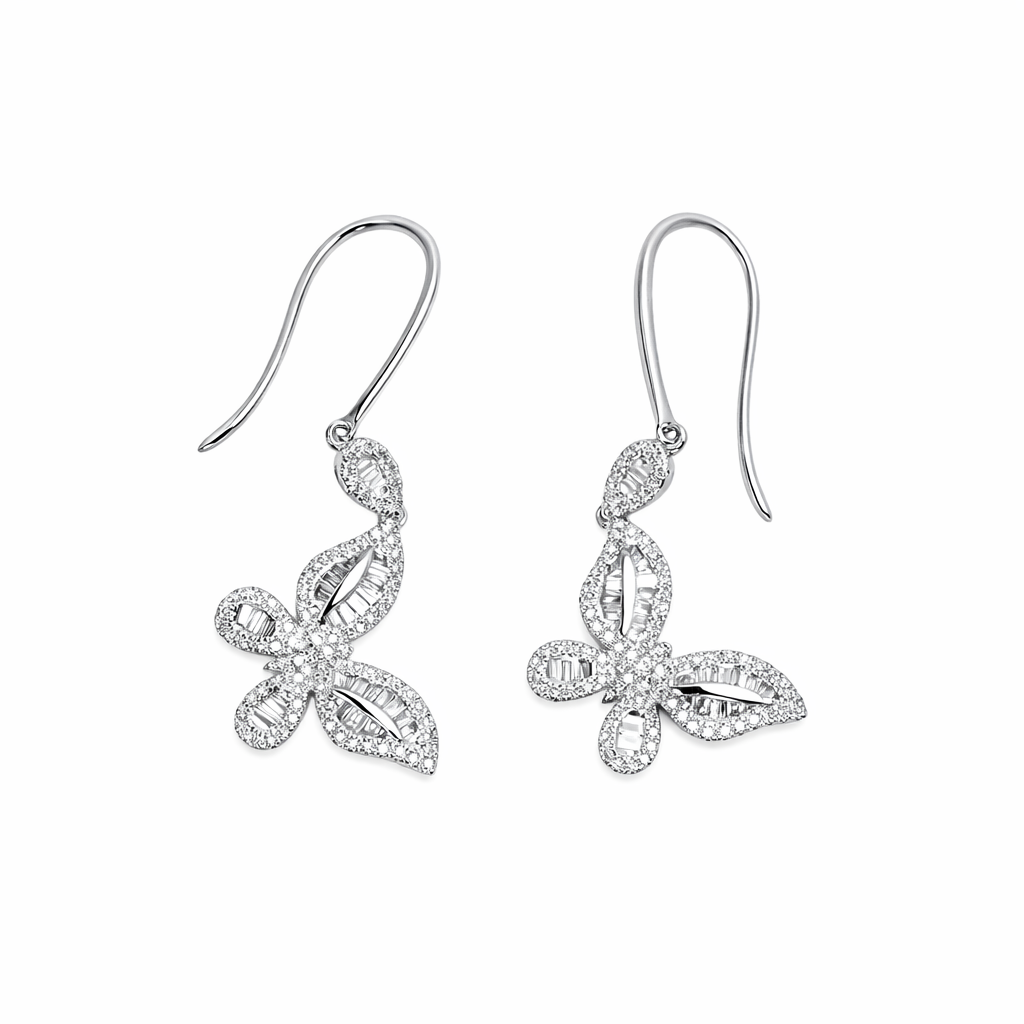 18-karat gold earrings in the shape of a butterfly, featuring a natural diamond of 0.70 carats set in a tapered baguette cut within a channel setting.