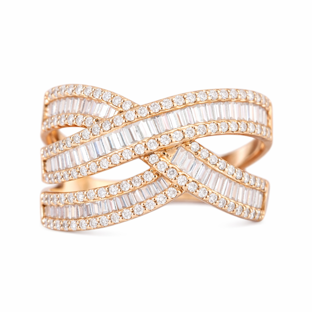 18k gold ring set with a natural diamond; the diamond features a Tapered Baguette cut and weighs 0.75carats.