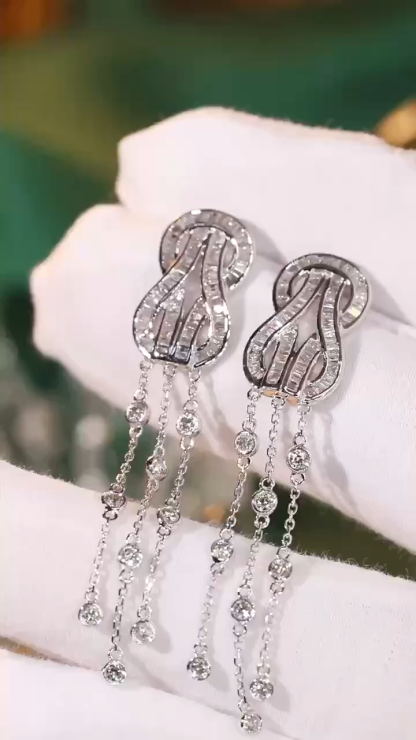 18k Gold Earrings with Fred Clasp and Tassels, Studded with 1.20ct Diamonds