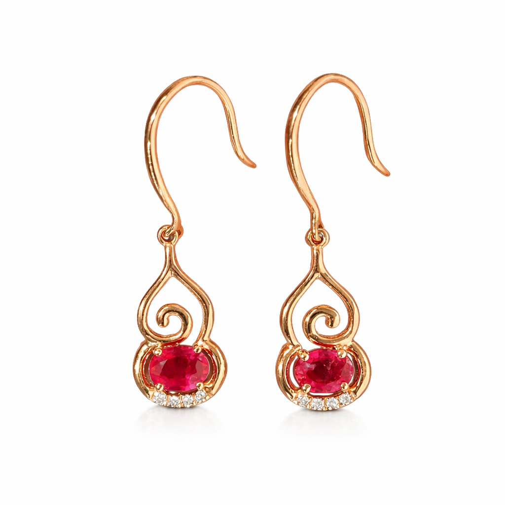 18-karat gold earrings, set with a natural ruby of 0.50 carats and a natural diamond of 0.02carats, featuring four prongs