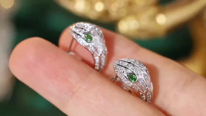 18k Gold Diamond Earrings, Snake Design, Safire Stones totaling 0.26ct, Natural Diamonds totaling 0.80ct