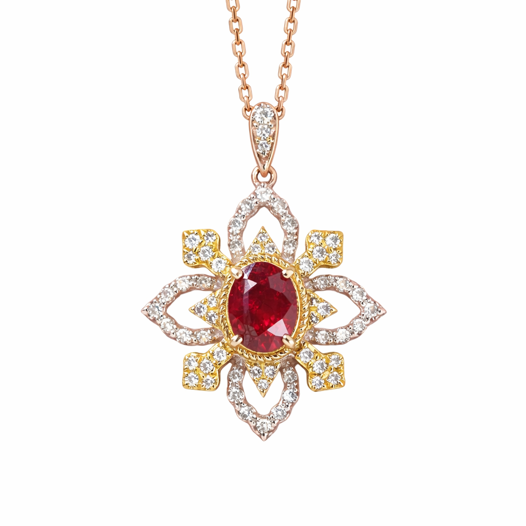 18K gold necklace with design; the necklace is adorned with a 0.40-carat natural ruby and a 0.45-carat natural diamond, both set using the four-prong setting technique; the ruby has an oval shape.