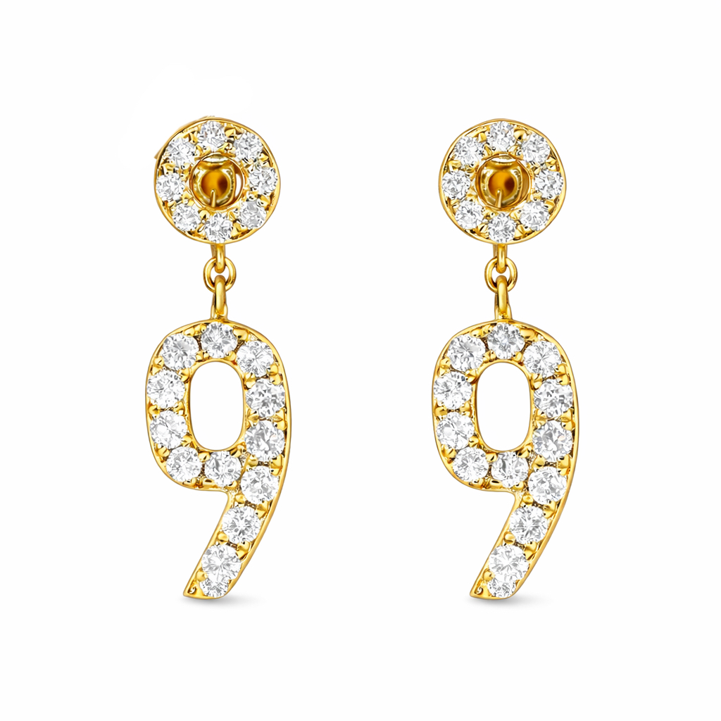 18k gold earring stud set with 0.36ct natural diamond and the number “9” embossed on it.