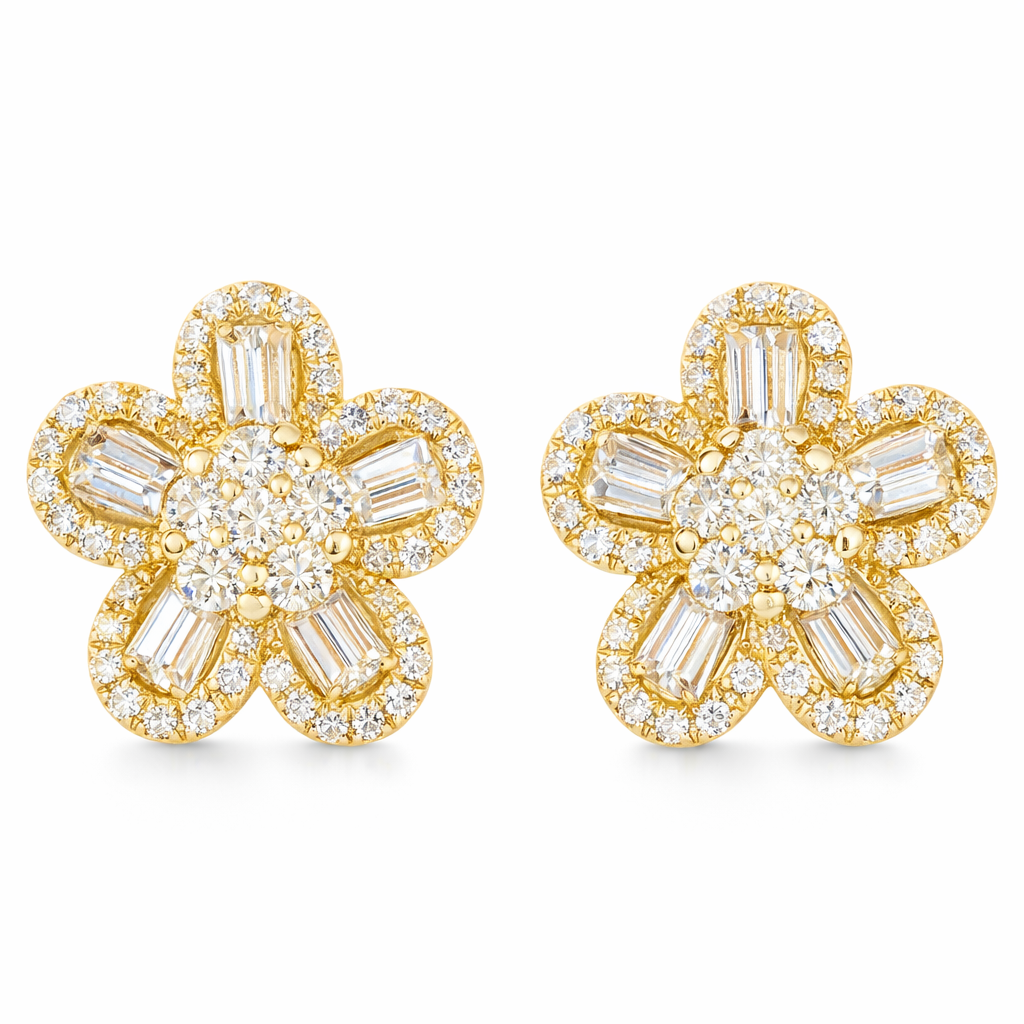 Flowers 18k Gold Earrings, Studded with 0.79ct Natural Diamond 
