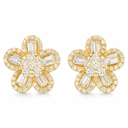Flowers 18k Gold Earrings, Studded with 0.79ct Natural Diamond 