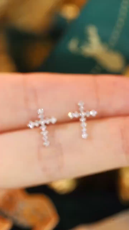 Cross 18K Gold Natural Diamond Stud Earrings | Cluster-Set 0.20CT Diamonds 