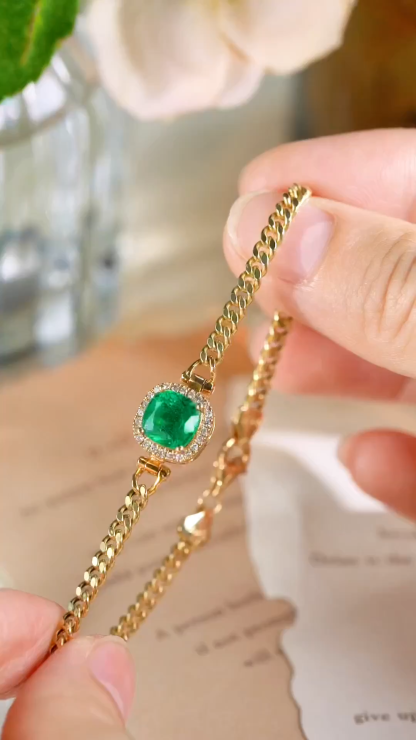 18k Gold Bracelet, Cuban Chain Bracelet, Emerald Bracelet with 1.50ct Emerald and 0.15ct Natural Diamond