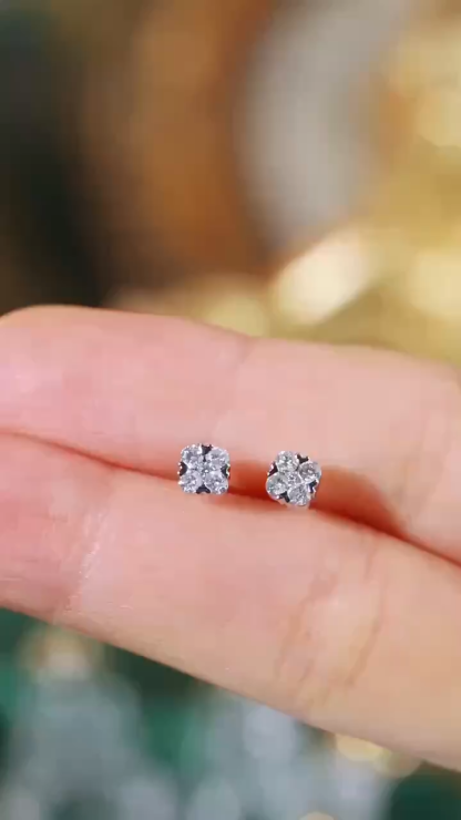 18K Gold Natural Diamond Stud Earrings | Cluster-Set 0.30CT Diamonds 