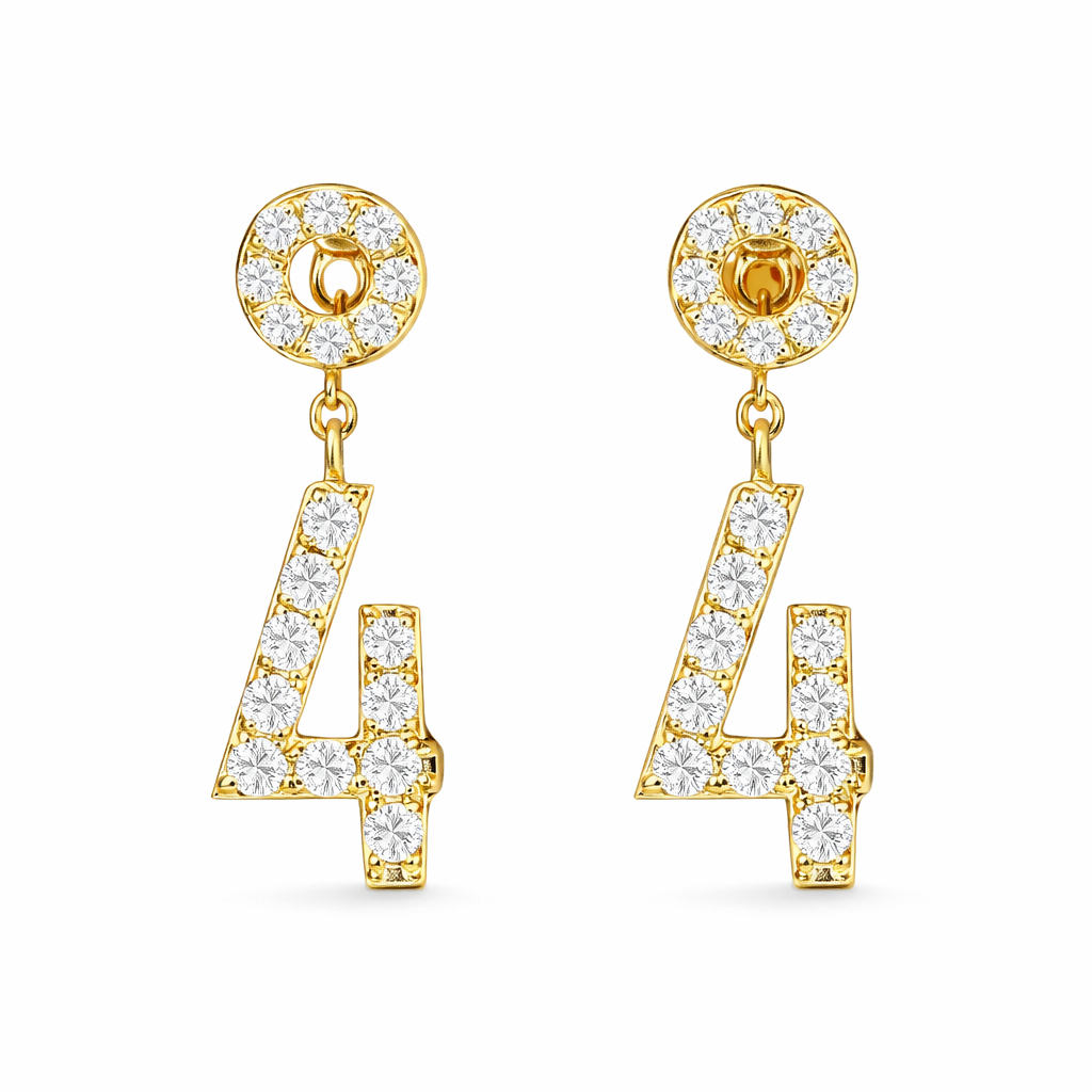 18k gold earring stud set with 0.32ct natural diamond and the number “4” embossed on it.