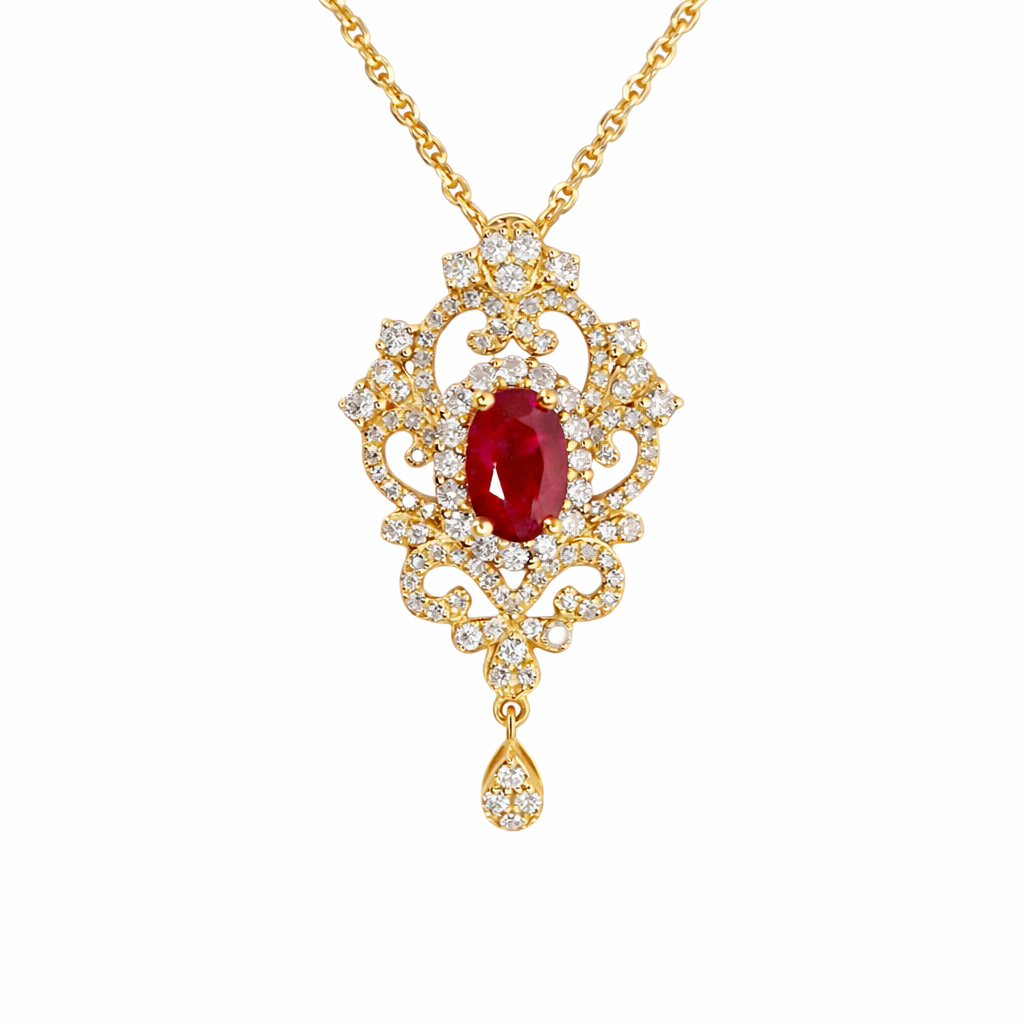 18K gold necklace with design; the necklace is adorned with a 0.40-carat natural ruby and a 0.45-carat natural diamond, both set using the four-prong setting technique; the ruby has an oval shape.