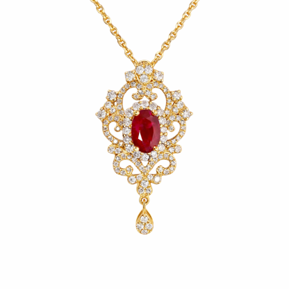 18K gold necklace with  design; the necklace is adorned with a 0.40-carat natural ruby and a 0.45-carat natural diamond, both set using the four-prong setting technique; the ruby has an oval shape.