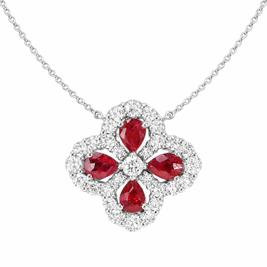 18k gold necklace in clover shape, with a droplet-shaped ruby of 0.70 carats and a natural diamond of also 0.70 carats.