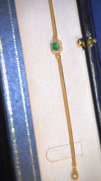 18k Gold Bracelet, Emerald Bracelet, Snake Chain Bracelet, 0.30ct Emerald, 0.10ct Natural Diamond